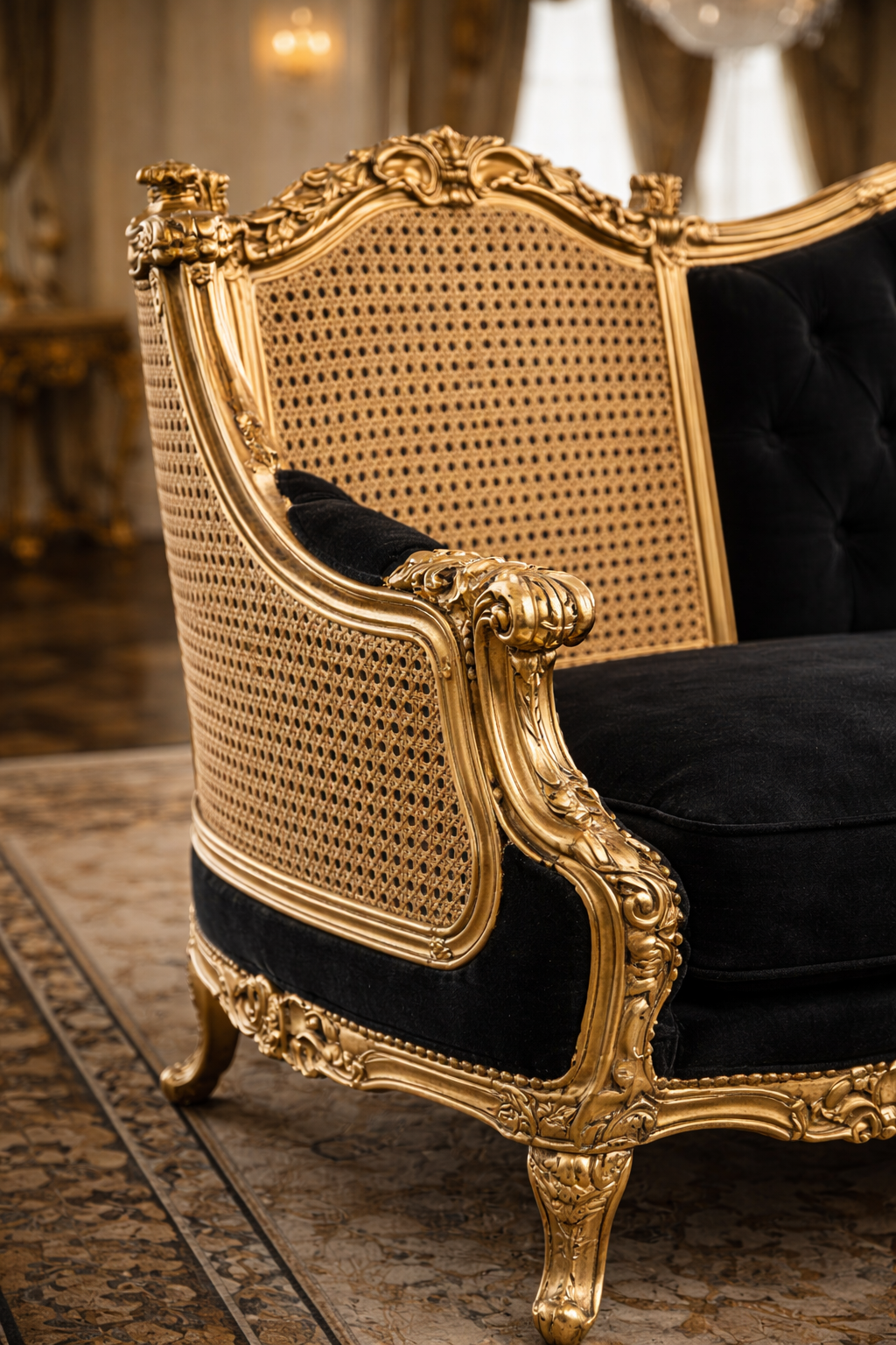 Antique Royal Luxury Hand-Carved Wooden 3 Seater Sofa – Black Fabric & Gold Finish