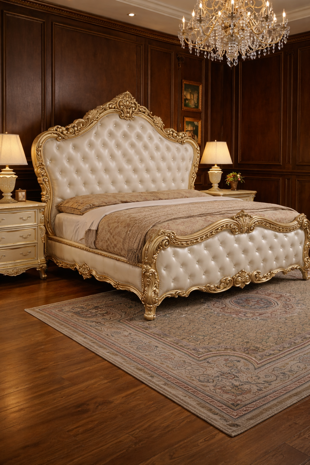 Luxury Cream & Gold Royal Upholstered Bed – Hand Carved Solid Wood Designer Bed Frame | Antique Bedroom Furniture