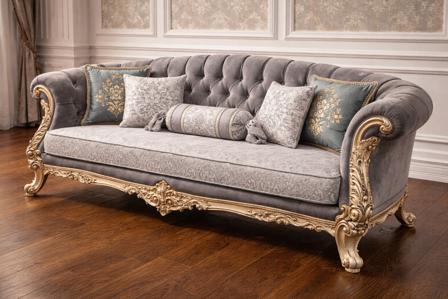 Luxury Royal 3 Seater Sofa | Antique Gold Carving with Premium Fabric