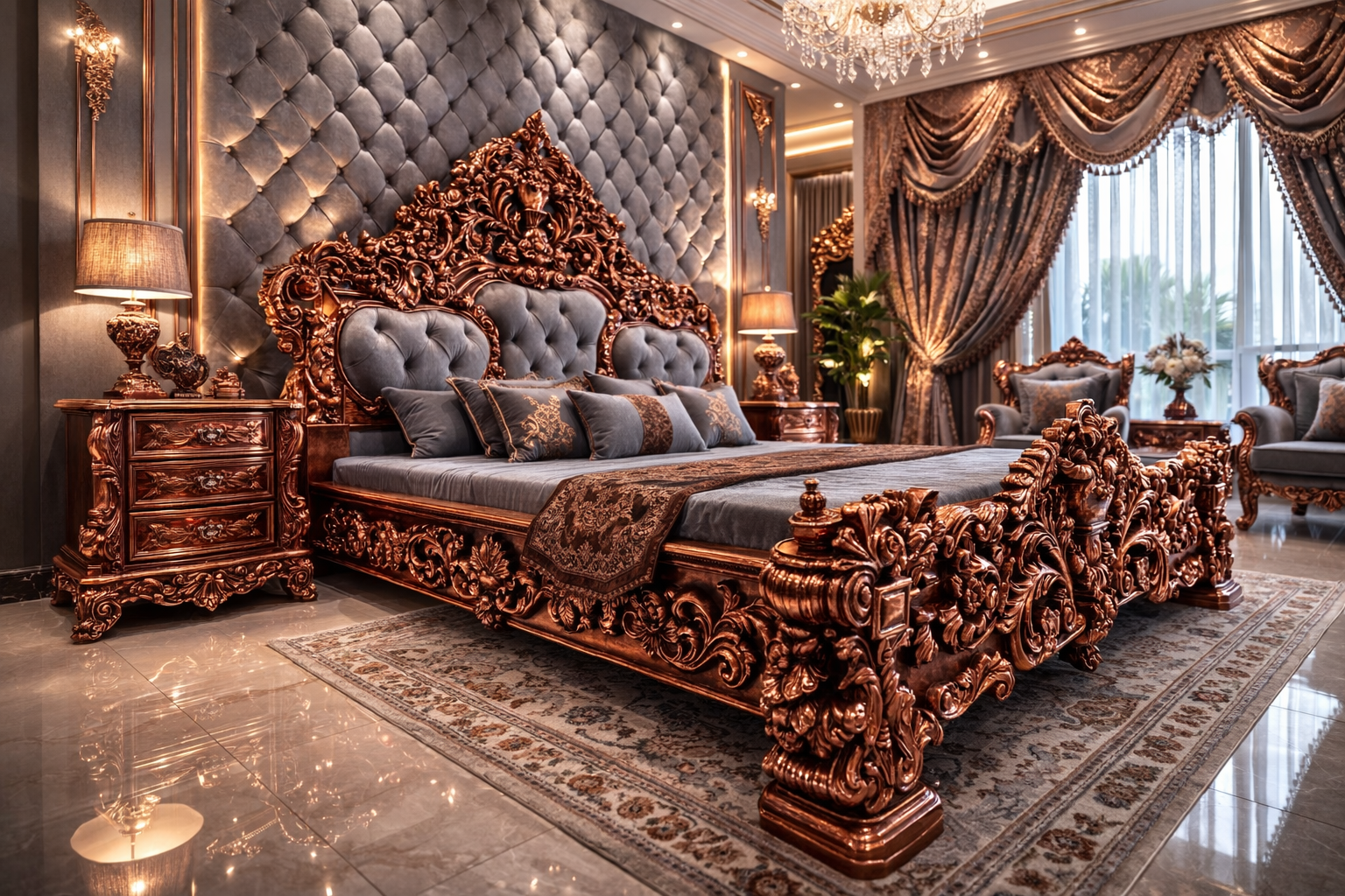 Royal Hand Carved King Size Bed – Copper Finish  Grey Upholstery With 2 Side Table