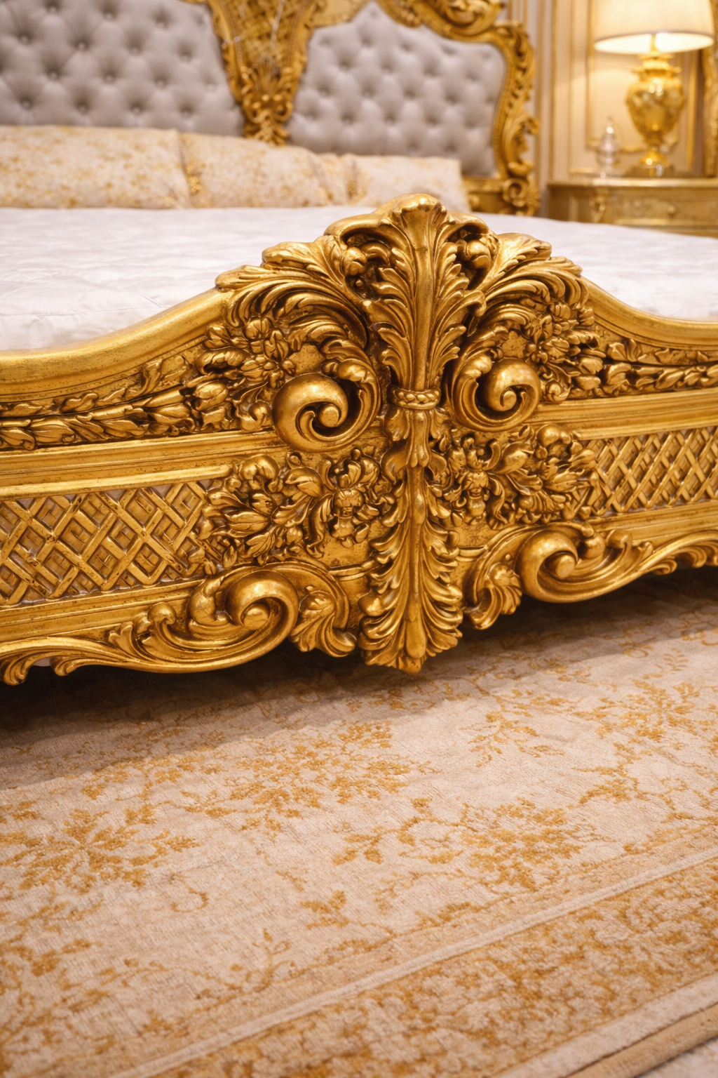 Royal Gold Carved King Size Bed | Luxury Antique Baroque Bedroom Furniture |Antique Bed