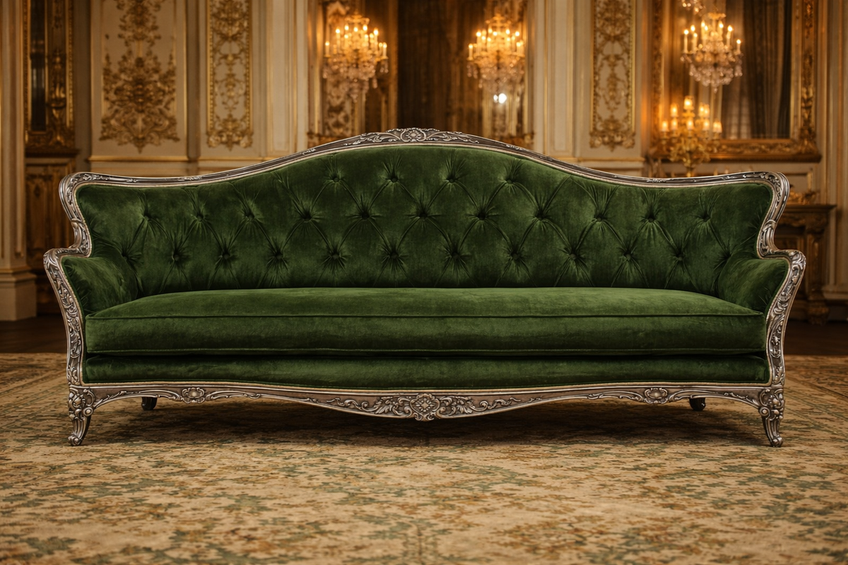 Royal Emerald Velvet Hand-Carved Wooden 3 Seater Sofa – Antique Silver Finish