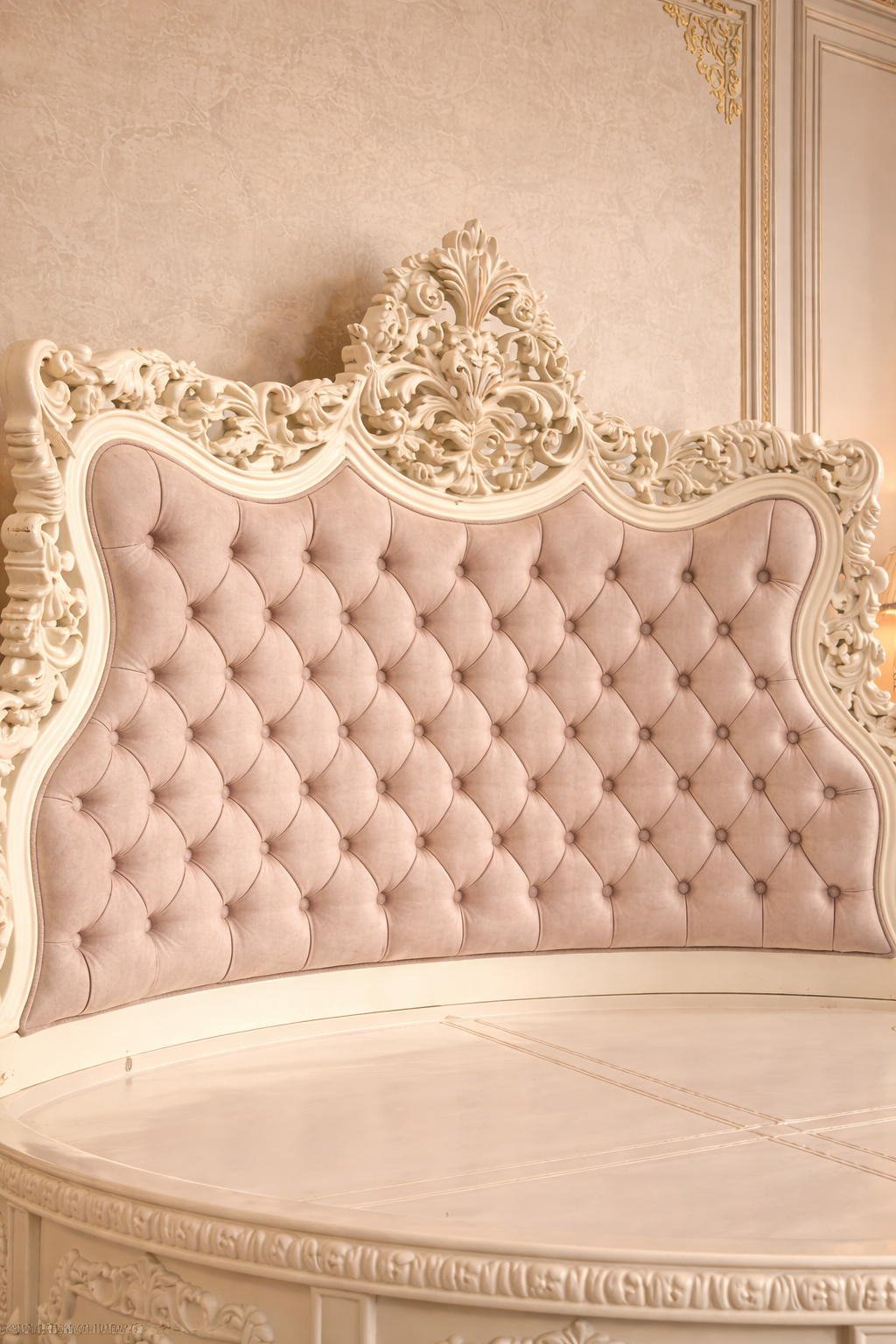 Luxury Round Solid Wood Bed with Tufted Headboard – Royal Classic Designer Bedroom Furniture | Premium Antique Bed