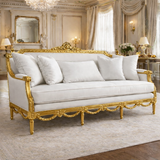 Luxury Royal Gold Carved 3 Seater Sofa | Premium White Upholstery Antique Design