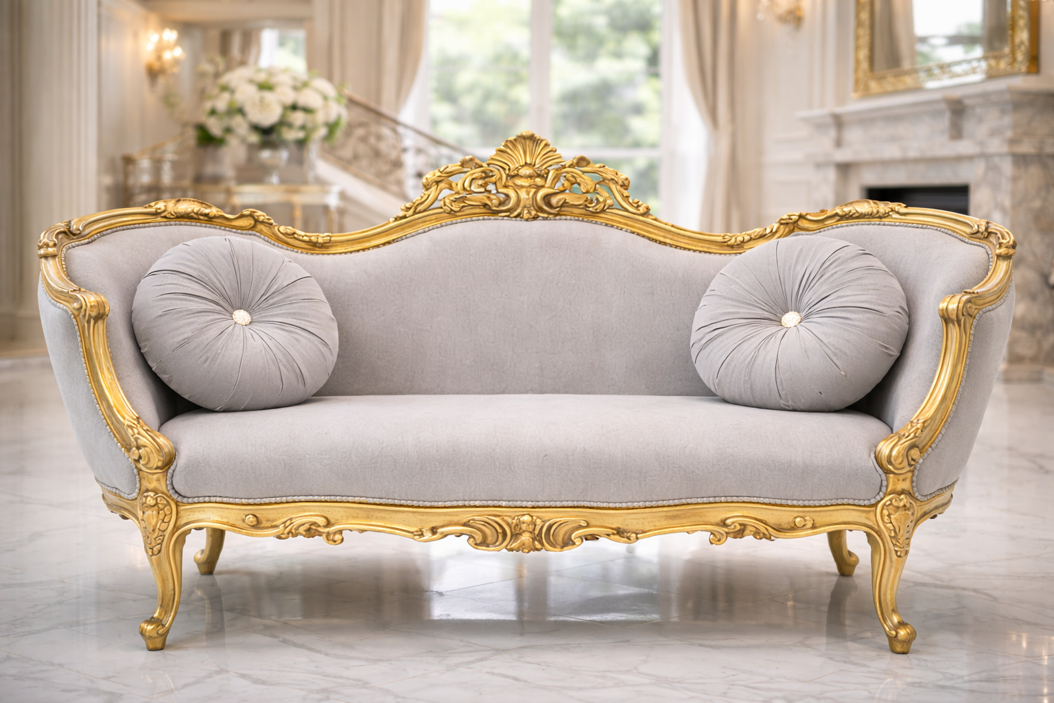 Luxury 3+1+1 Royal Sofa Set in Grey & Gold | Hand Carved Wooden Living Room Furniture