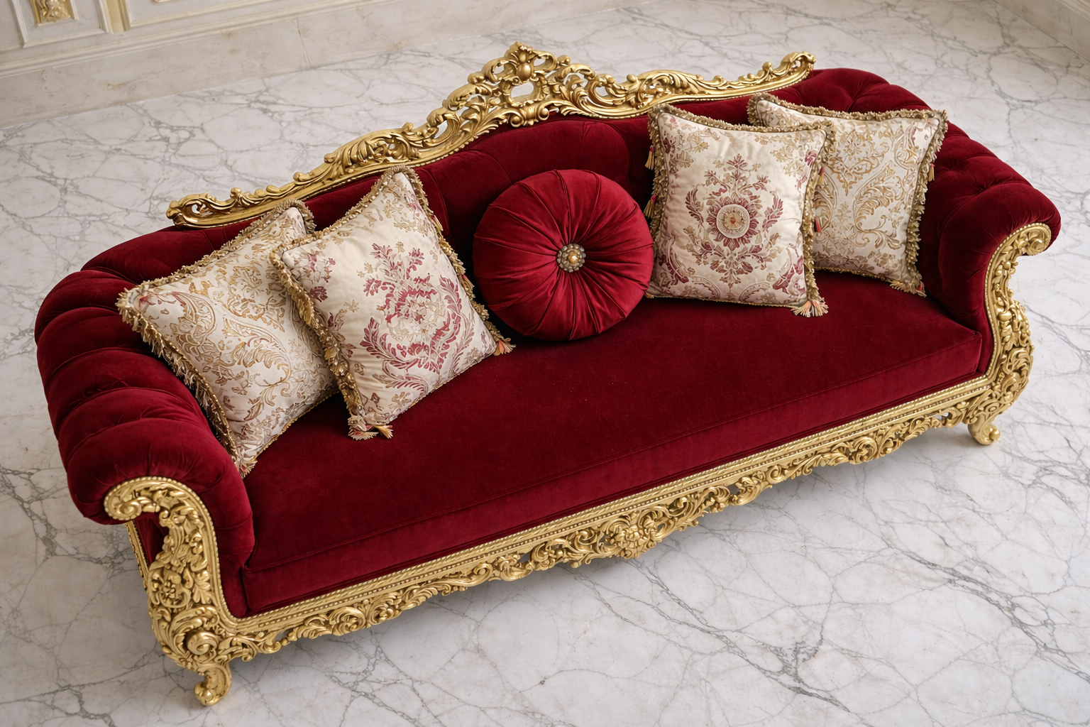 Luxury Royal Red Velvet 3 Seater Sofa | Antique Gold Hand Carved Wooden Sofa