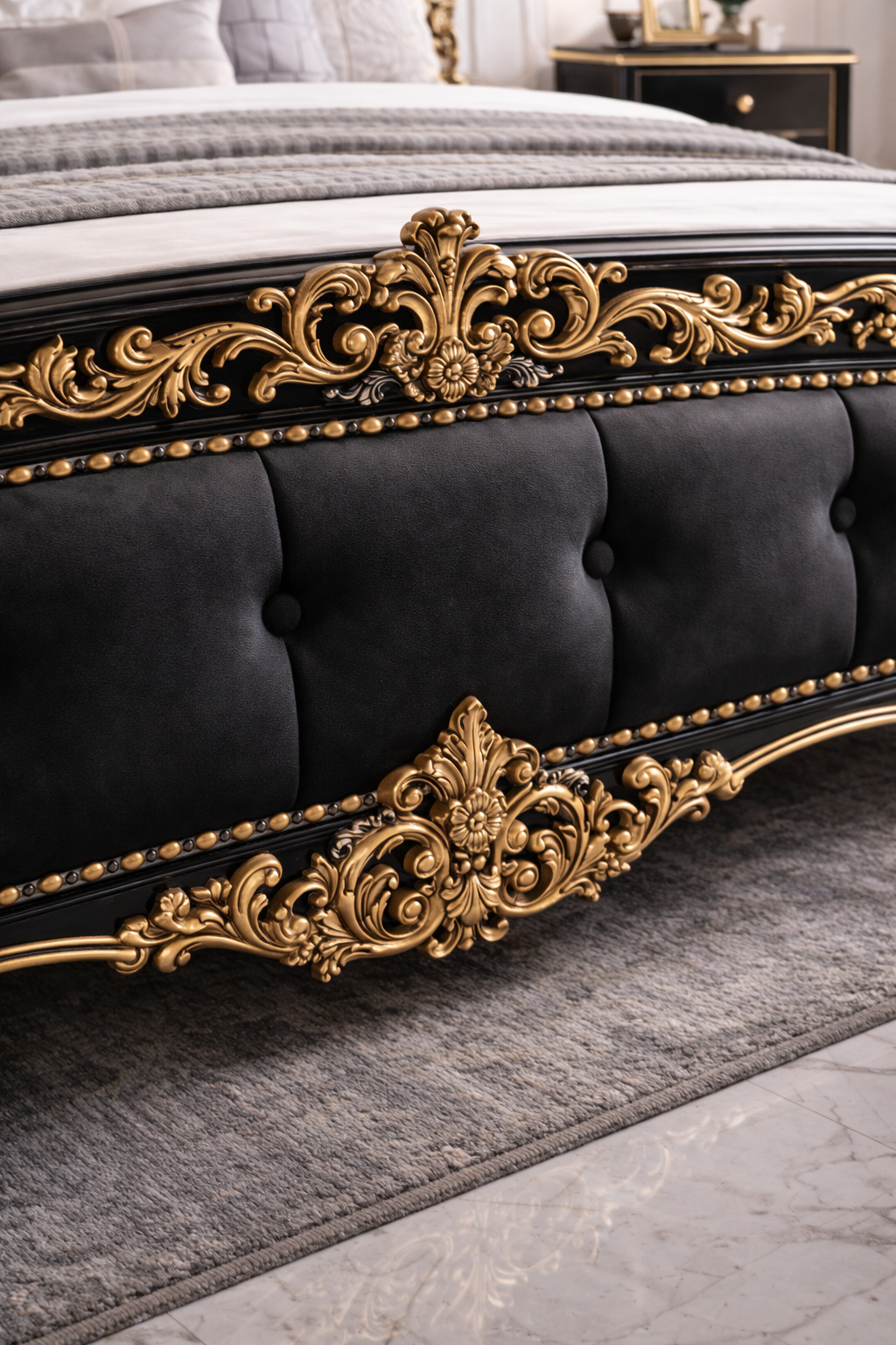Luxury Black & Gold Royal Upholstered Bed – Hand Carved Designer Solid Wood Bed Frame | Antique Bedroom Furniture