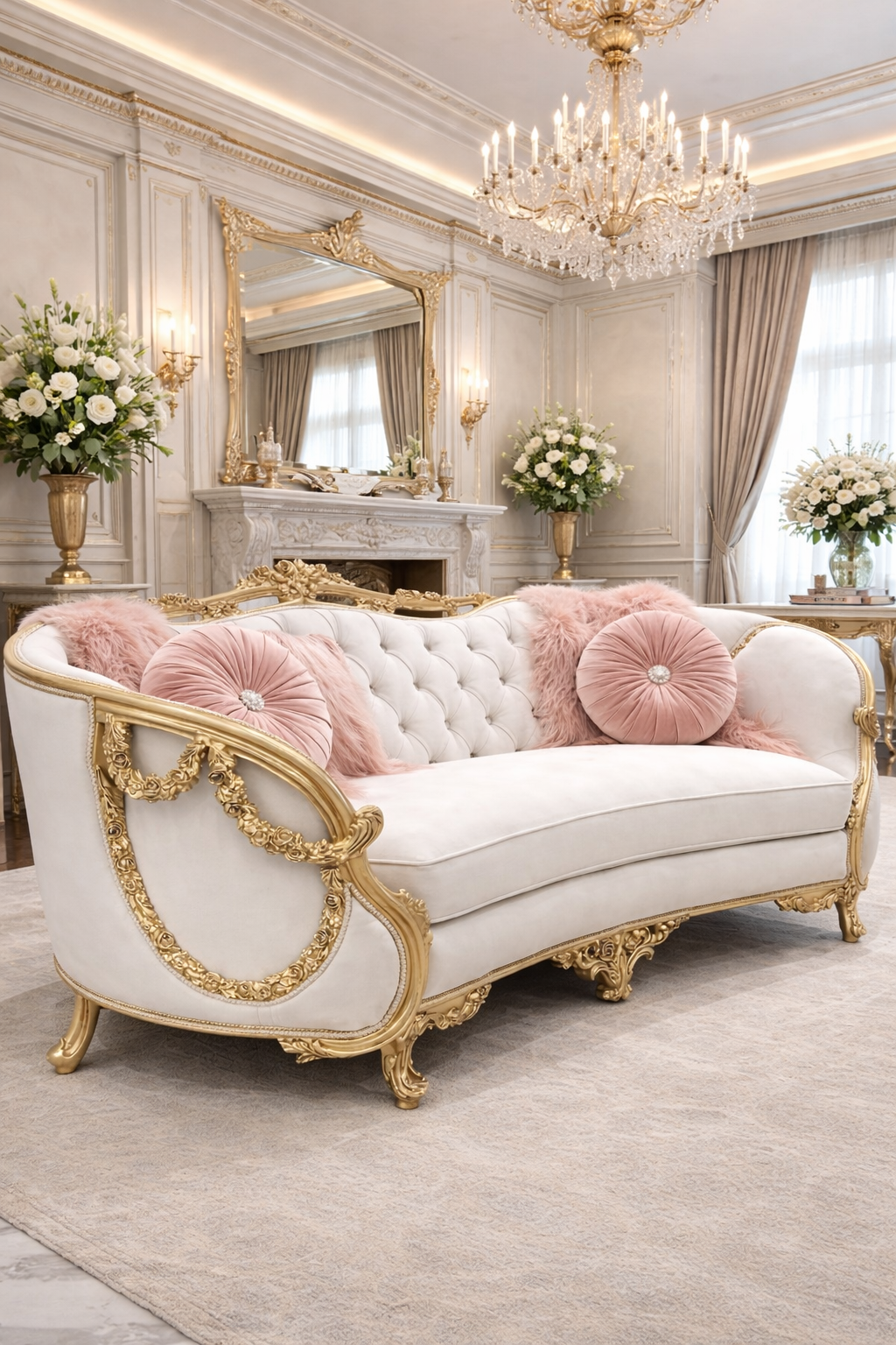 Royal Classic 3 Seater Sofa – White & Gold