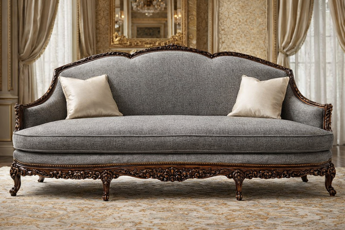Classic Royal Hand-Carved Wooden 3 Seater Sofa – Grey Fabric & Walnut Finish