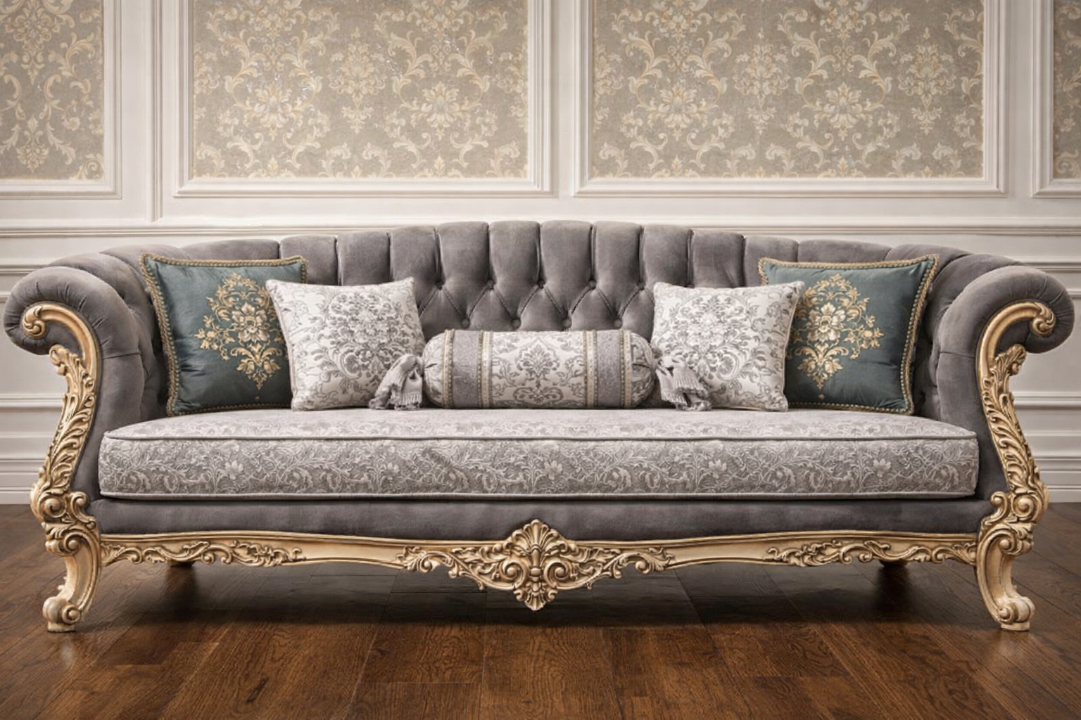Luxury Royal 3 Seater Sofa | Antique Gold Carving with Premium Fabric