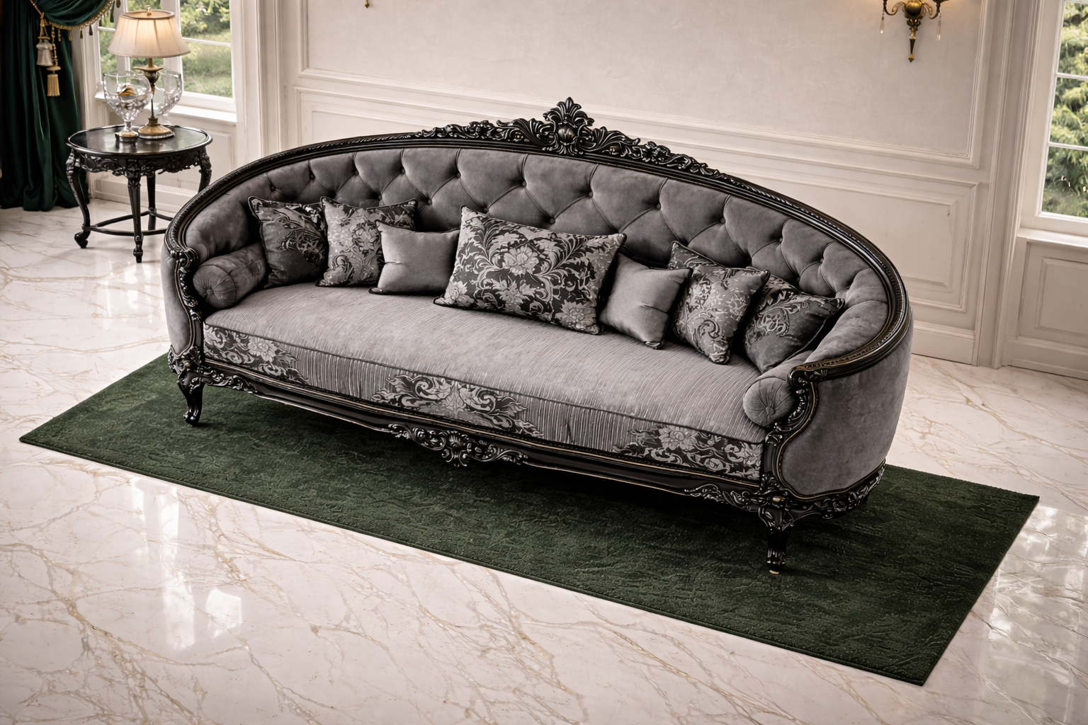 Luxury Royal Classic 3 Seater Sofa | Black Carved Frame Grey Upholstery