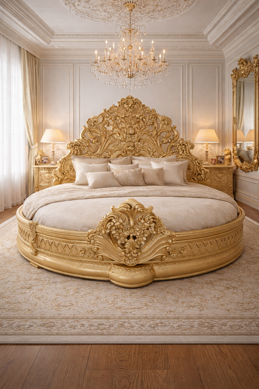 Wooden Royal Luxury King Size Golden Carved Round Bed – Premium Handcrafted Antique Bed