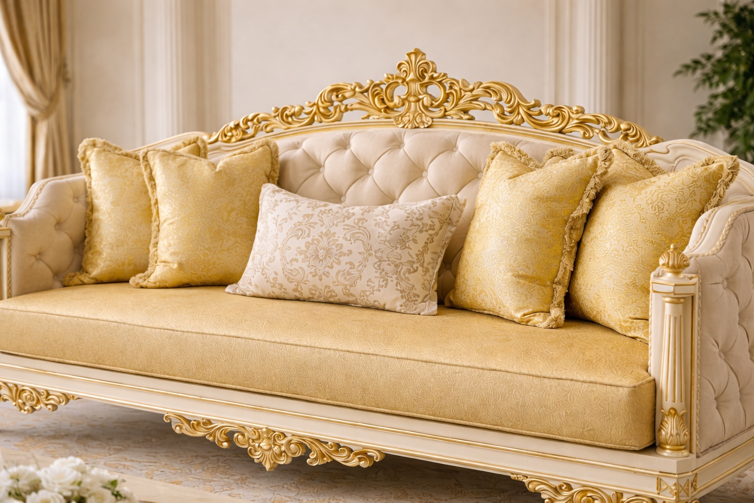 Luxury Royal Classic 3 Seater Sofa | Gold Carved Cream Upholstery