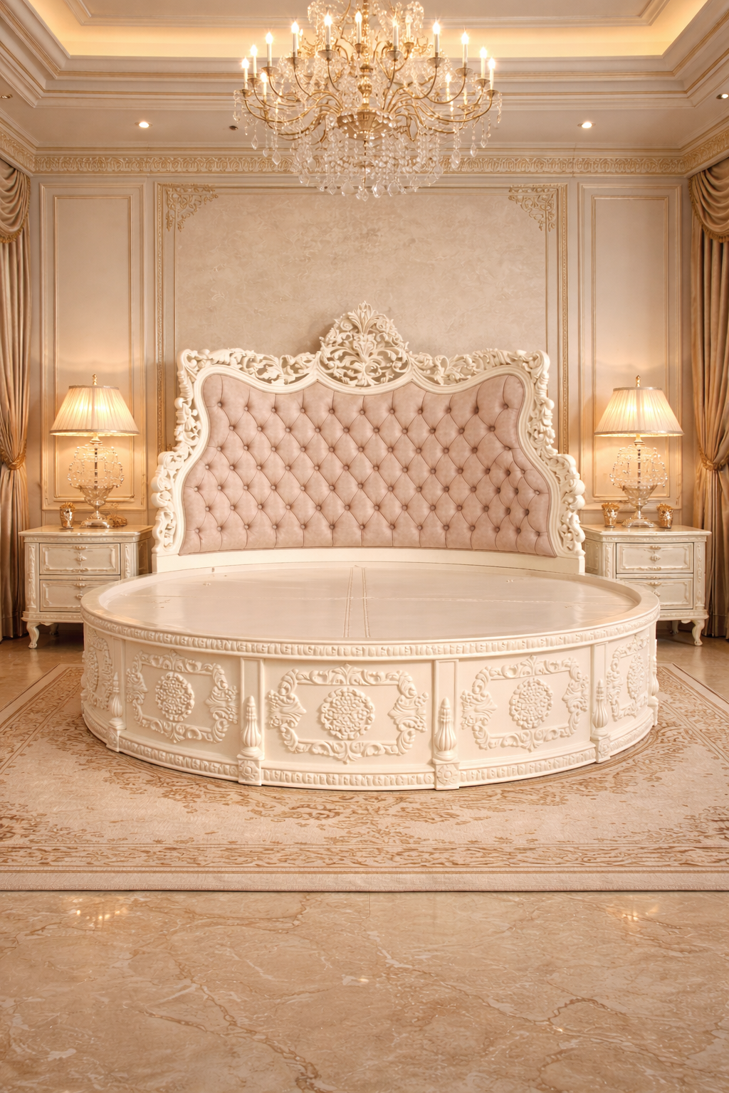 Luxury Round Solid Wood Bed with Tufted Headboard – Royal Classic Designer Bedroom Furniture | Premium Antique Bed