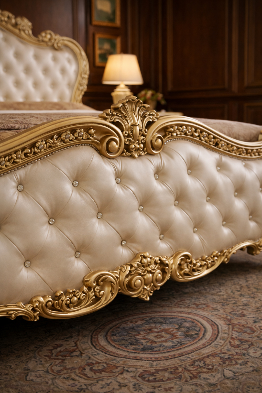 Luxury Cream & Gold Royal Upholstered Bed – Hand Carved Solid Wood Designer Bed Frame | Antique Bedroom Furniture