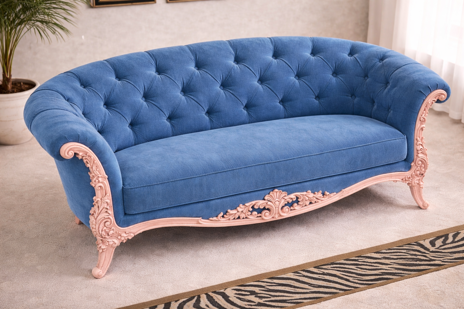 Royal Hand-Carved Wooden 3 Seater Sofa – Blue Tufted Fabric & Blush Pink Finish