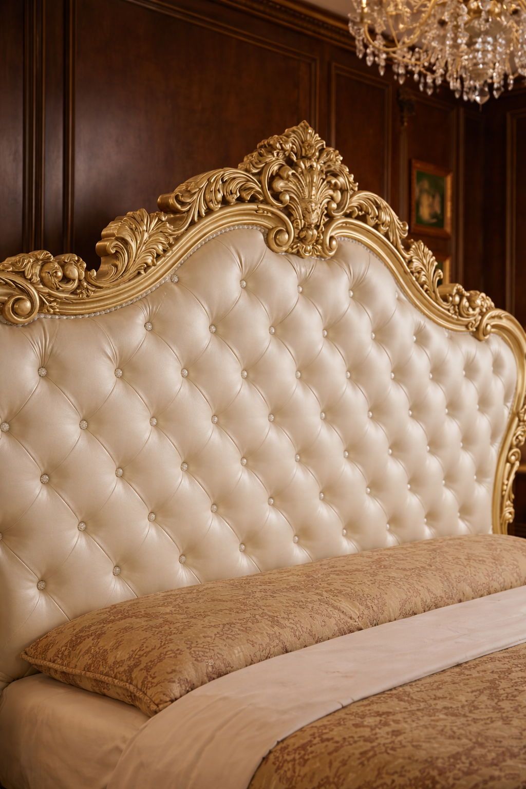 Luxury Cream & Gold Royal Upholstered Bed – Hand Carved Solid Wood Designer Bed Frame | Antique Bedroom Furniture