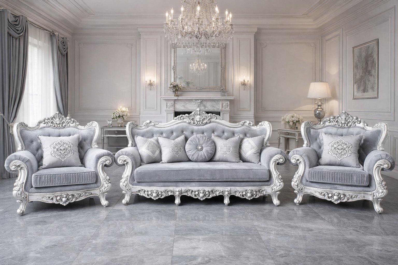 Versailles Royale Sofa Set – Silver Edition (3+1+1)
