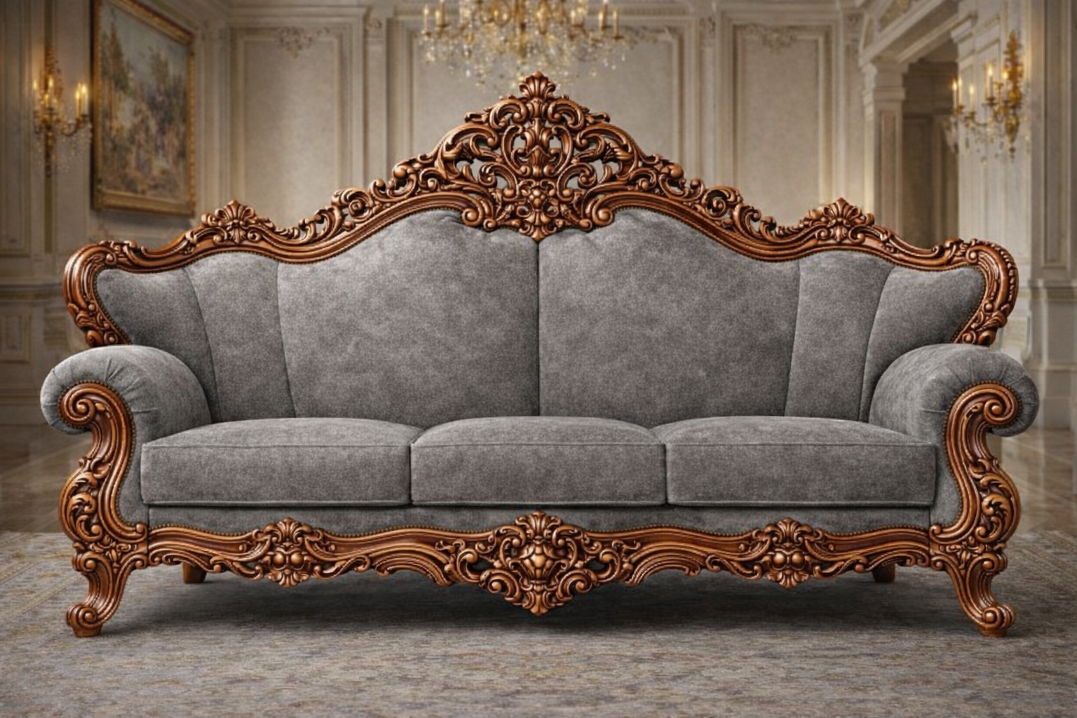 Antique Royal Luxury Hand-Carved 3 Seater Wooden Sofa – Grey Fabric Finish