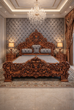 Royal Hand Carved King Size Bed – Copper Finish  Grey Upholstery With 2 Side Table