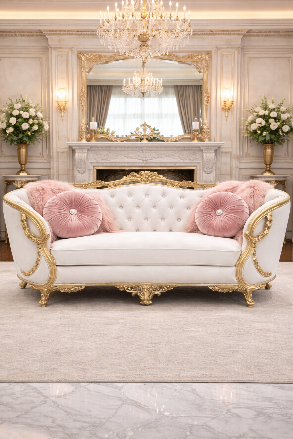 Royal Classic 3 Seater Sofa – White & Gold
