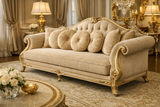 Handcrafted Royal Gold Carved 3 Seater Sofa in Premium Cream Fabric