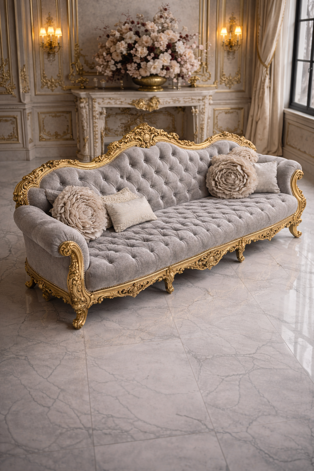 Luxury Royal Classic 4 Seater Sofa | Gold Carved Frame with Beige Tufted Upholstery