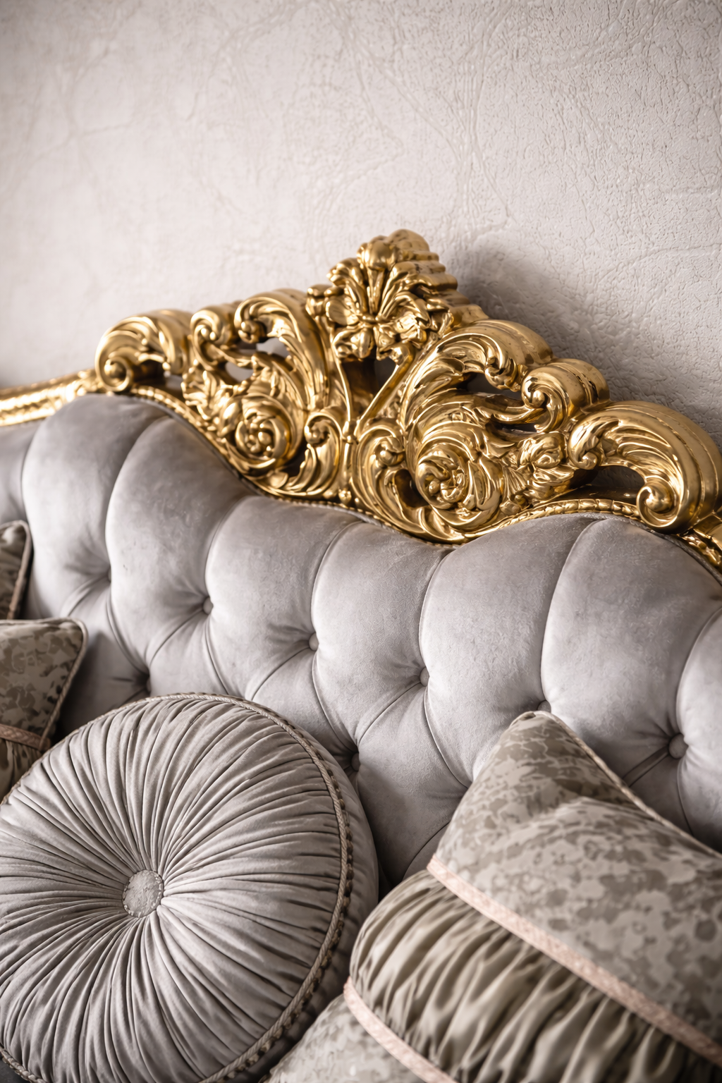 Sky Rise Decor Luxury Hand Carved 3 Seater Sofa Royal Sofa Set – Grey Fabric with Golden Polish For Your Luxurious Villa