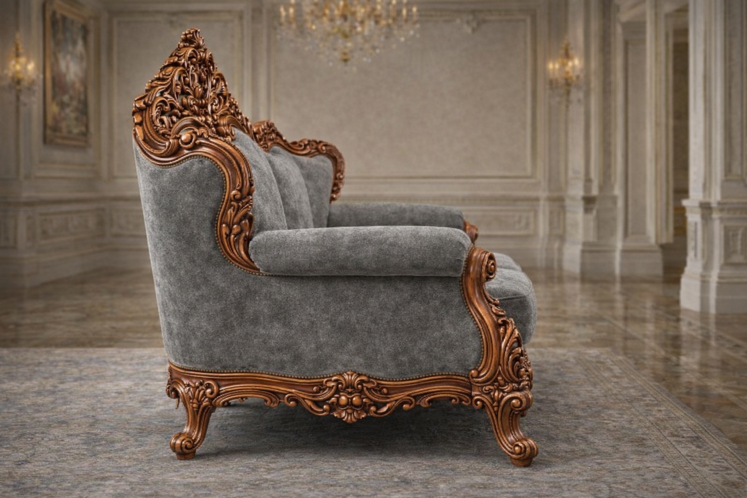 Antique Royal Luxury Hand-Carved 3 Seater Wooden Sofa – Grey Fabric Finish