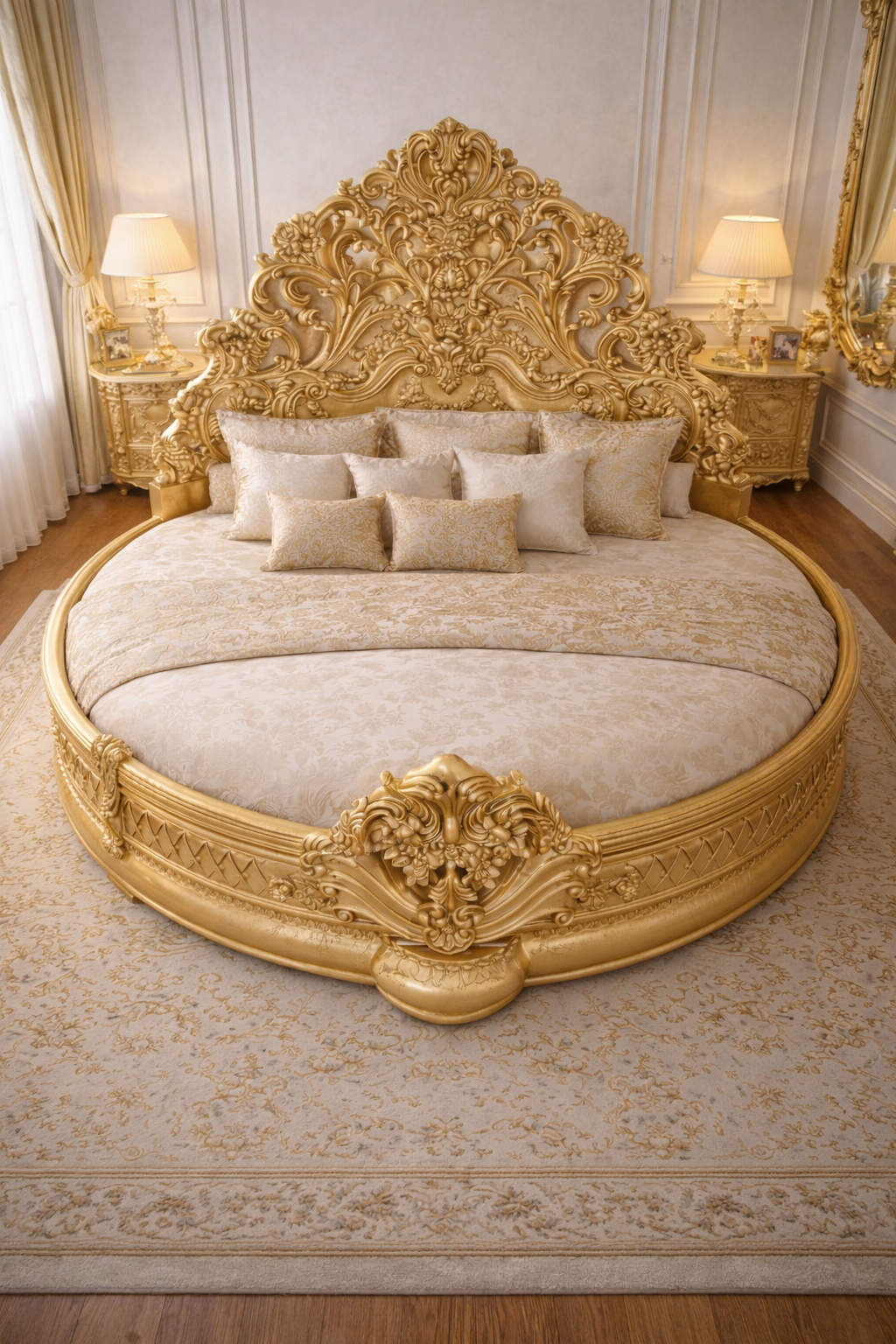 Wooden Royal Luxury King Size Golden Carved Round Bed – Premium Handcrafted Antique Bed