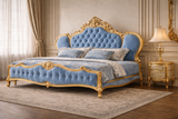 Luxury King Size Bed with Hand-Carved Gold Frame & Tufted Velvet Upholstery – Solid Wood Palace Design