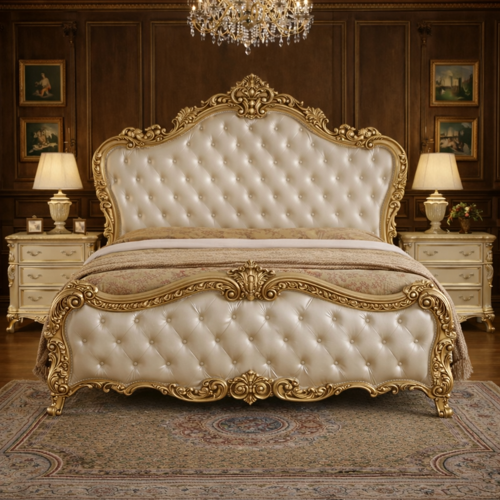 Luxury Cream & Gold Royal Upholstered Bed – Hand Carved Solid Wood Designer Bed Frame | Antique Bedroom Furniture