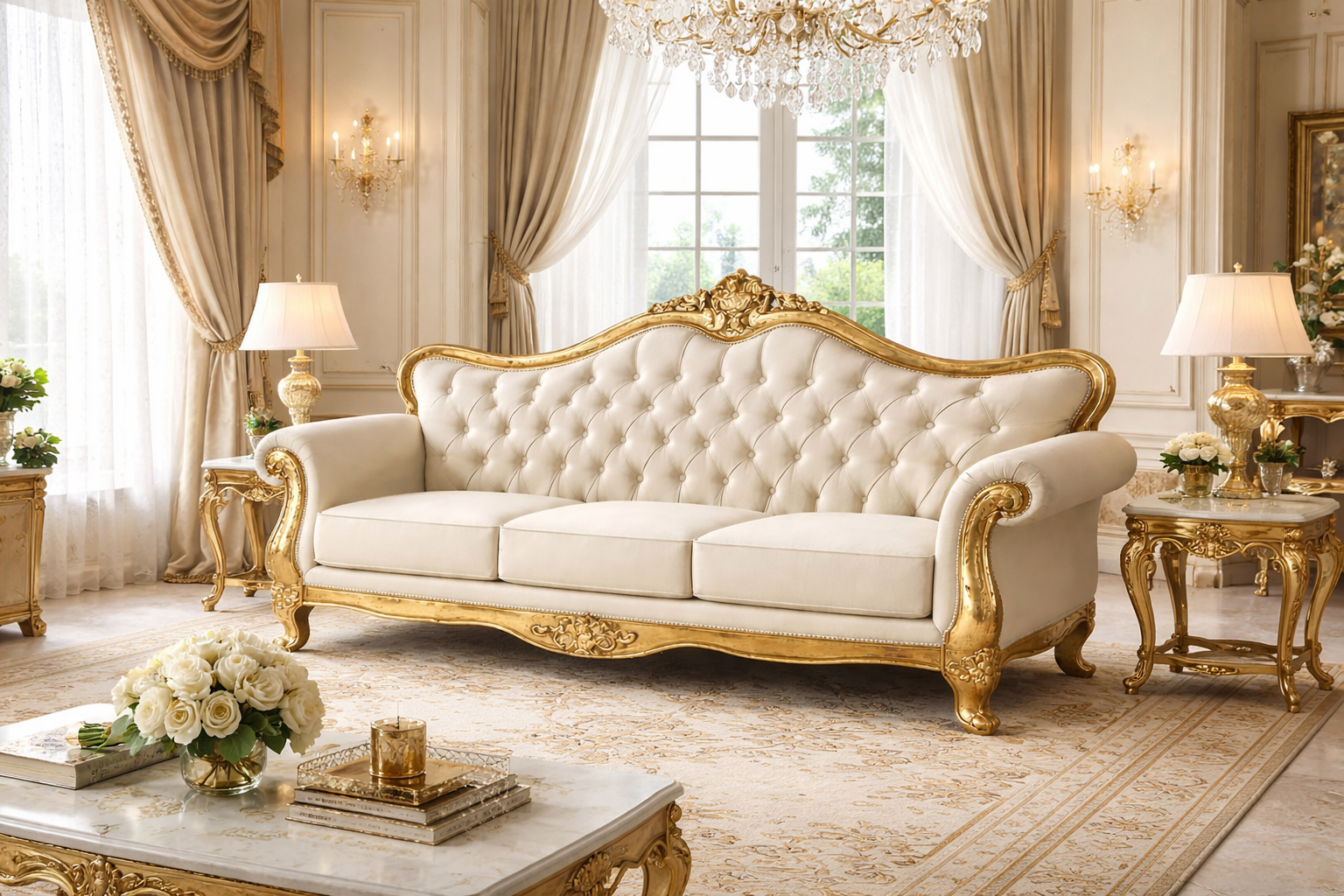 Antique Royal Luxury Hand-Carved Wooden 3 Seater Sofa – Cream Tufted Fabric & Gold Finish