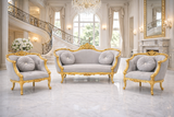 Luxury 3+1+1 Royal Sofa Set in Grey & Gold | Hand Carved Wooden Living Room Furniture