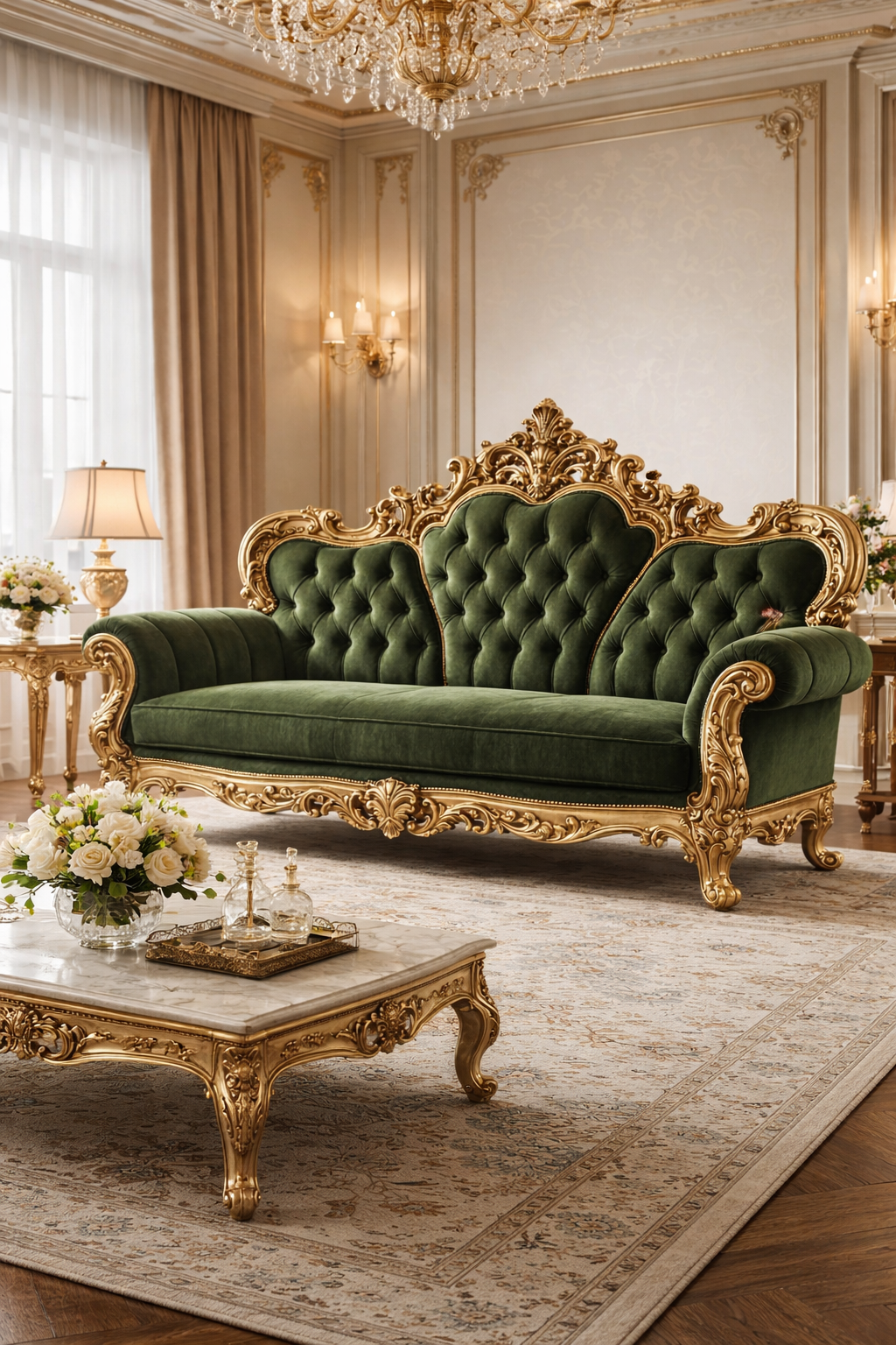 Luxurious Royal Green Velvet 3 Seater Sofa with Golden Carving – Premium Living Room Furniture