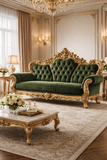 Luxurious Royal Green Velvet 3 Seater Sofa with Golden Carving – Premium Living Room Furniture
