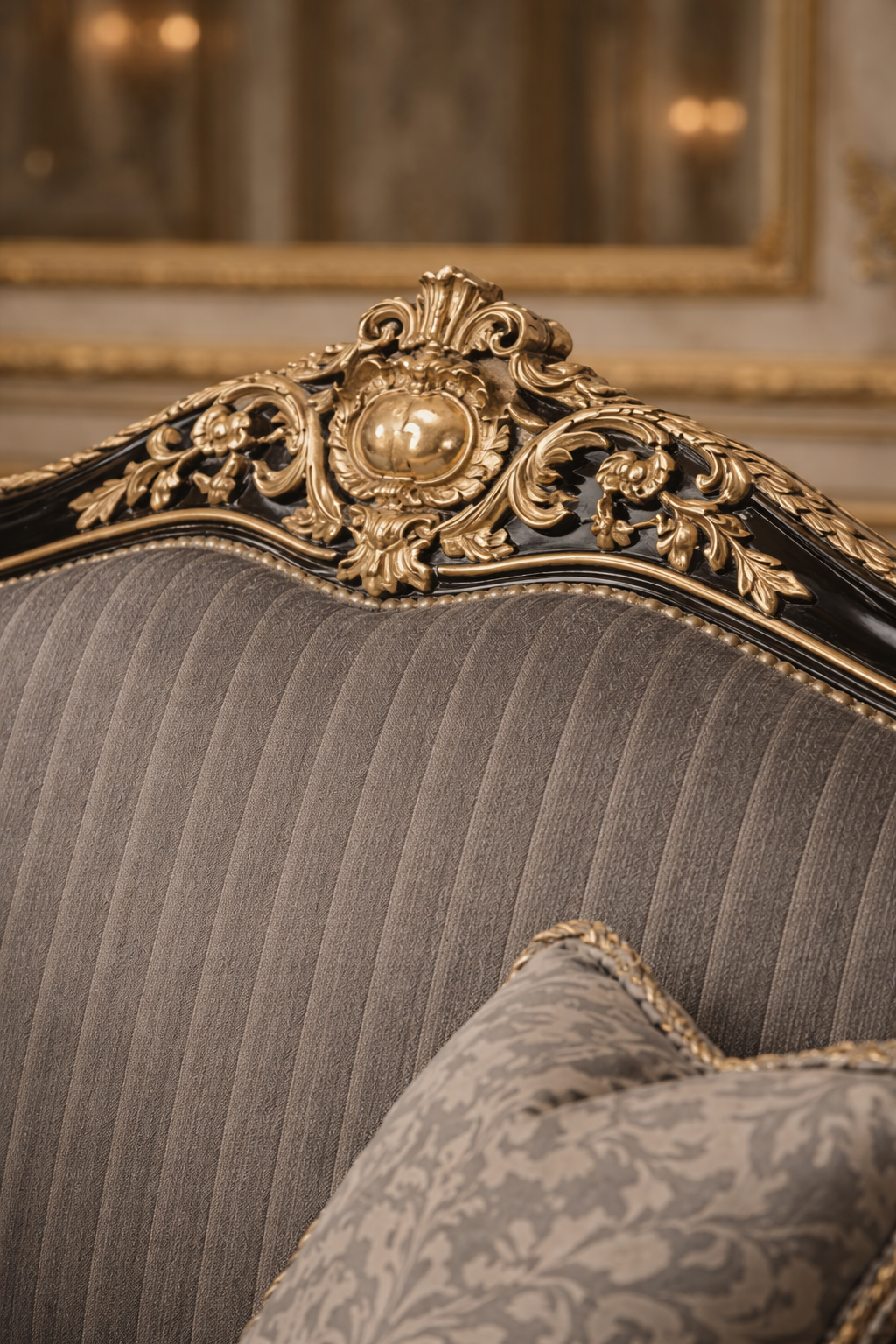 Handcrafted Royal Black Gold Carved 3 Seater Sofa in Premium Grey Fabric