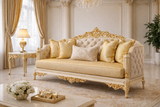 Luxury Royal Classic 3 Seater Sofa | Gold Carved Cream Upholstery