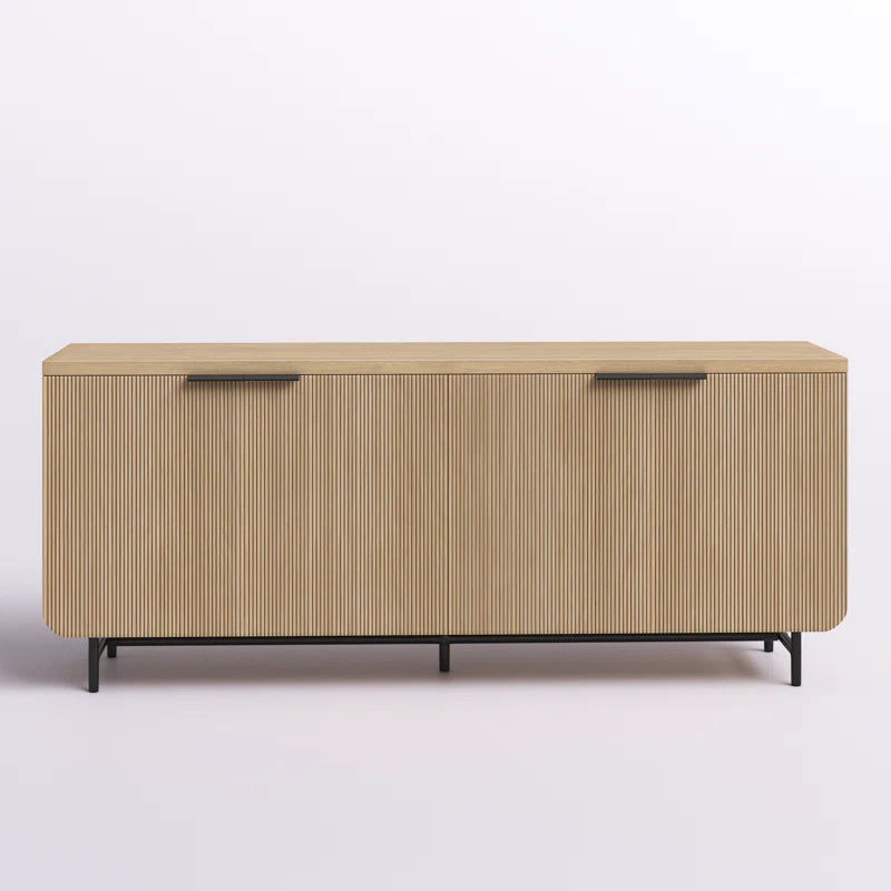 Modern oak credenza cabinet with sleek black metal frame