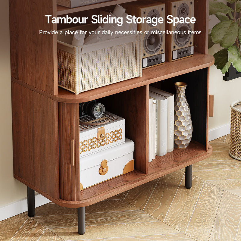 Solid teak wood storage cabinet with open display shelves