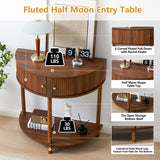 Modern teak wood entryway console table with fluted doors
