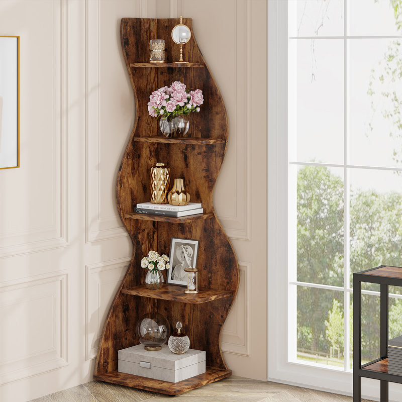 Natural teak wood display rack with decorative storage baskets