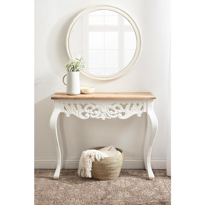 White vintage hallway table with natural teak wood top