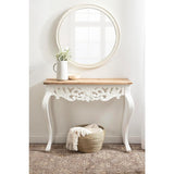 White vintage hallway table with natural teak wood top