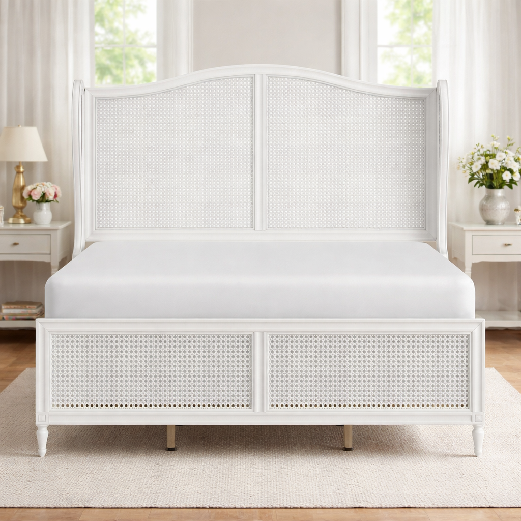 white cane bed frame with curved headboard