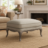 French Style Teak Wood Upholstered Ottoman