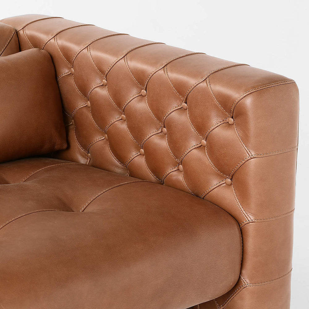 Contemporary teak wood sofa with tufted cushions