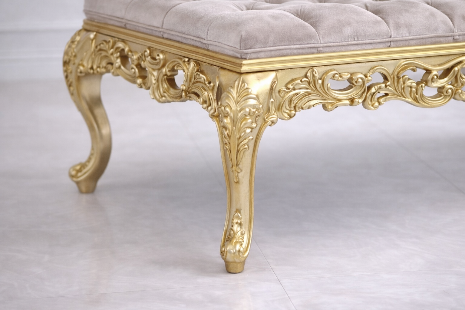 Classic vintage gold wooden bench for bedroom and hallway seating
