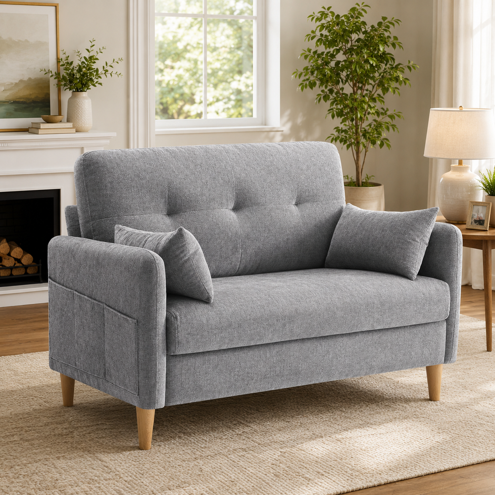 Grey chenille tufted loveseat sofa with teak wood legs