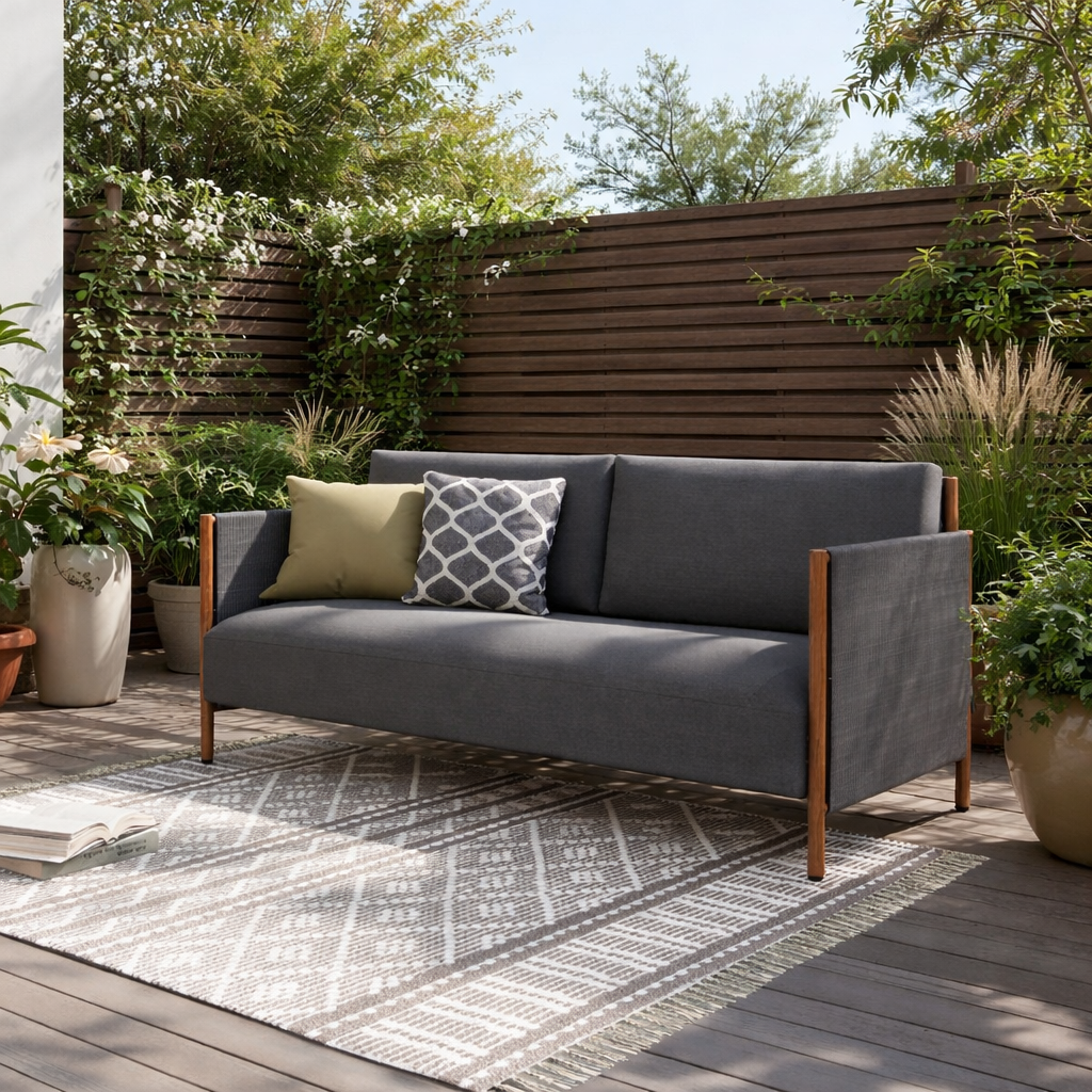 Premium  Loveseat Sofa Couch – Modern Grey Fabric with Solid Teak Wooden Frame